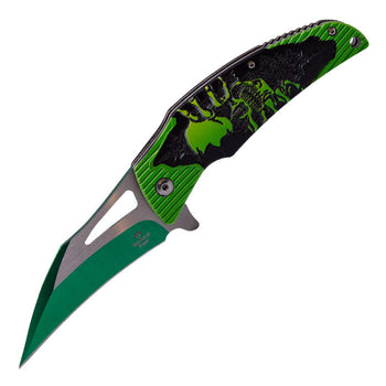 Snake Eye - 8" Green Skull Foldable Pocket Knife