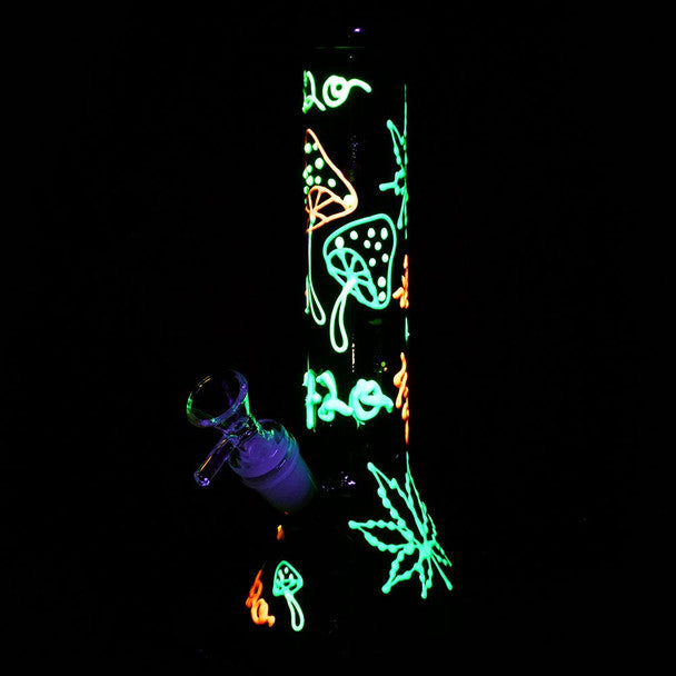 9.5" 420 Leaf and Shroom Glow In Dark Glass Beaker Water Pipe