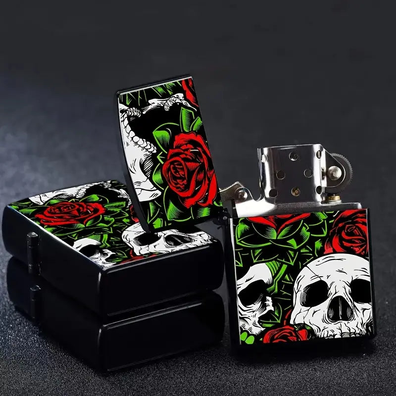 Rose & Skull Design Refillable Lighter Case