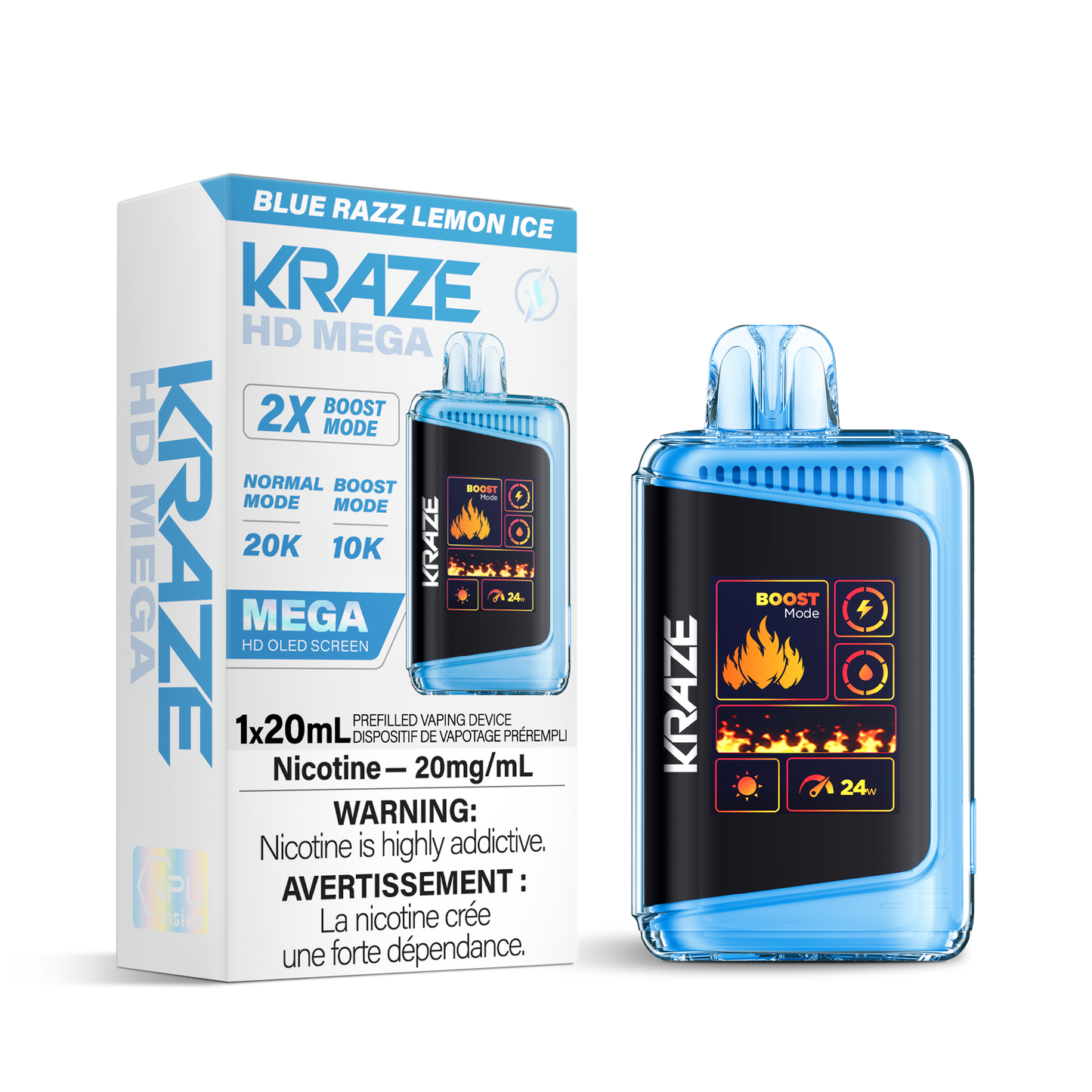 Kraze HD Mega 20k Rechargeable Disposable Vape Blue Razz Lemon Ice