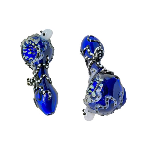 4" Blue Glass Hand Pipe with Black & White Octopus Design