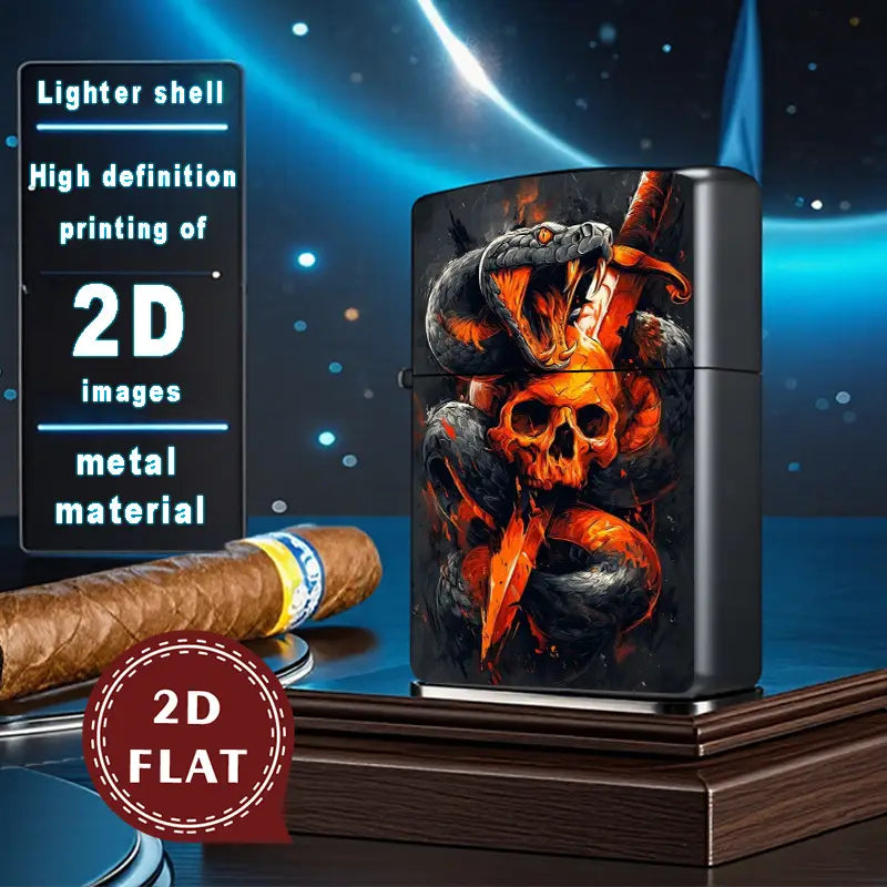 2D Flat Fiery Snake with Skull Art Retro Lighter Shell