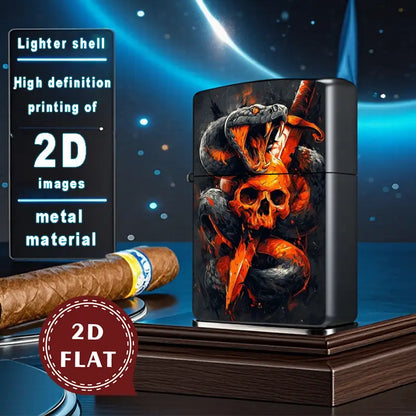 2D Flat Fiery Snake with Skull Art Retro Lighter Shell
