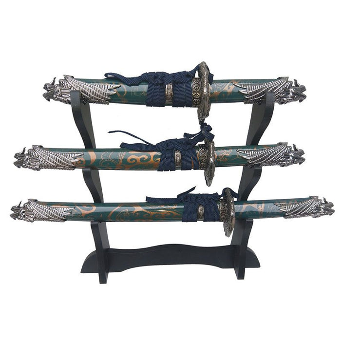Defender - Blue Dragon Handle Mini Katana 3-Pc Set w/ Wood Stand