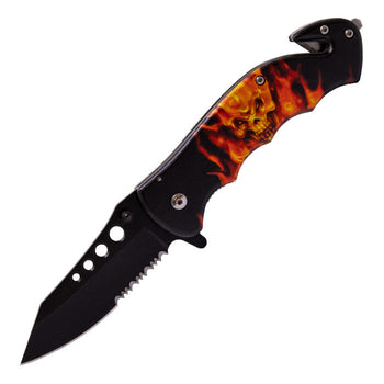 Super Knife - 8" Fiery Skull Foldable Pocket Knife