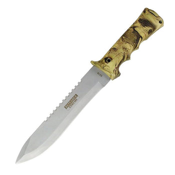 Defender Xtreme - 14" Woodland Camo Grip Sawback Knife