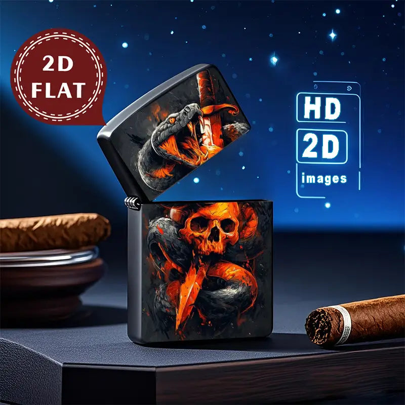 2D Flat Fiery Snake with Skull Art Retro Lighter Shell
