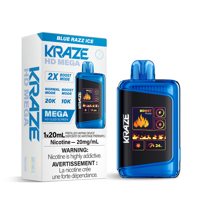 Kraze HD Mega 20k Rechargeable Disposable Vape Blue Razz Ice