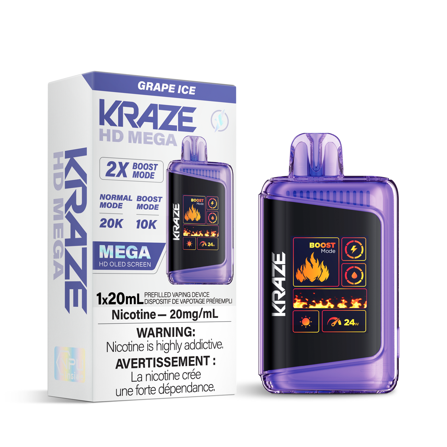 Kraze HD Mega 20k Rechargeable Disposable Vape Grape Ice