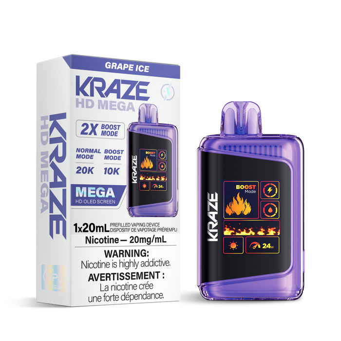 Kraze HD Mega 20k Rechargeable Disposable Vape Grape Ice