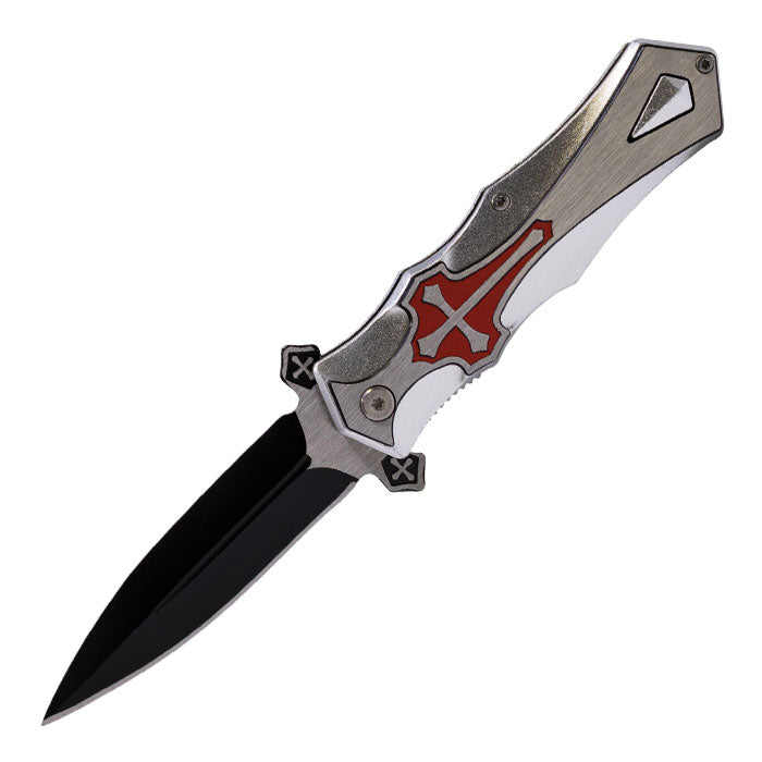 Perucci - 9" Iconic Metallic Gray Cross Foldable Pocket Knife