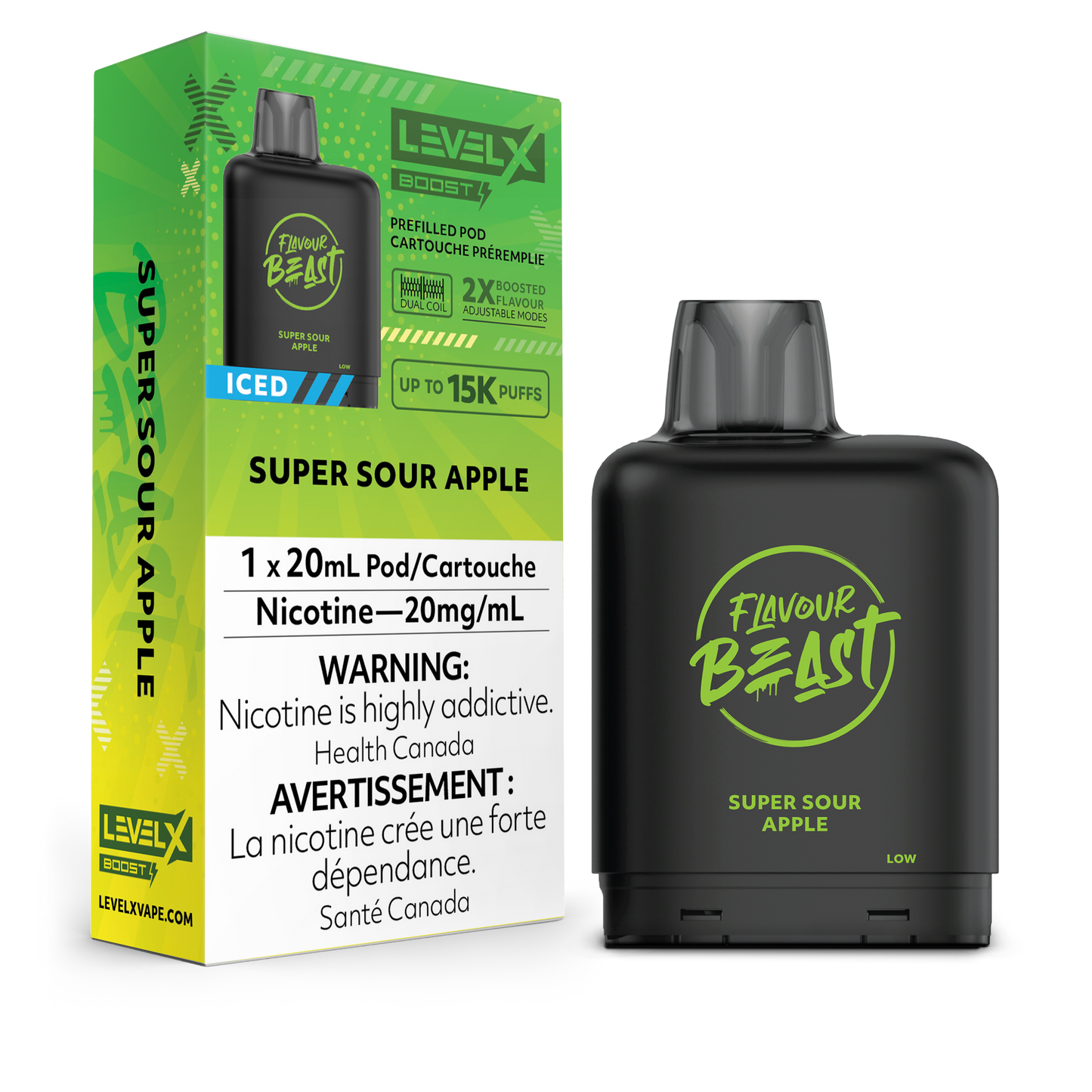 Flavour Beast Level X Boost Replacement Pod 20mL 15000 Puff Super Sour Apple Iced