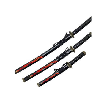 39″ Dragon Print Samurai 3-Sword Set w/ Stand - Style 1