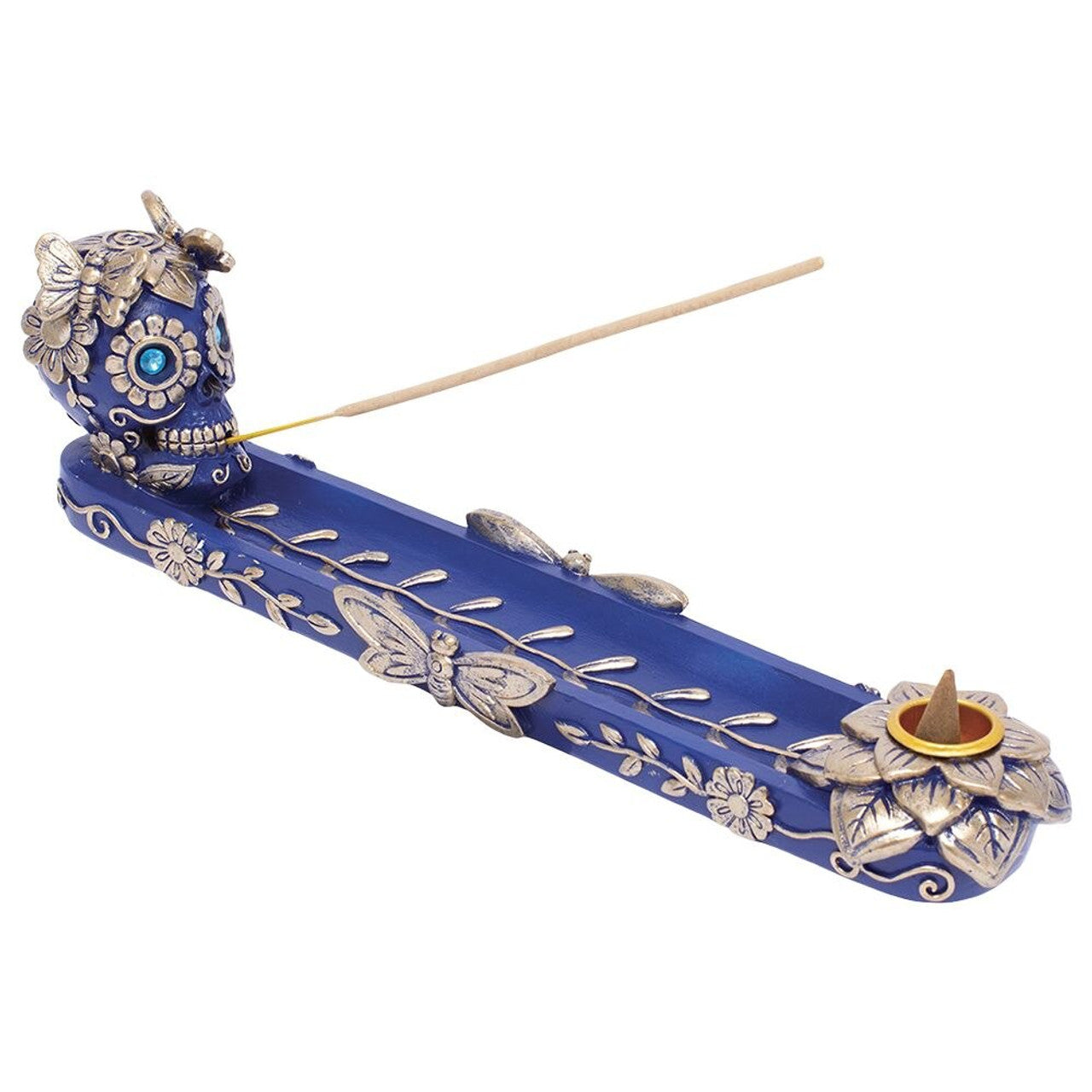 Fujima - 11" Golden Blue Skull & Butterfly Stick & Cone Polyresin Incense Burner