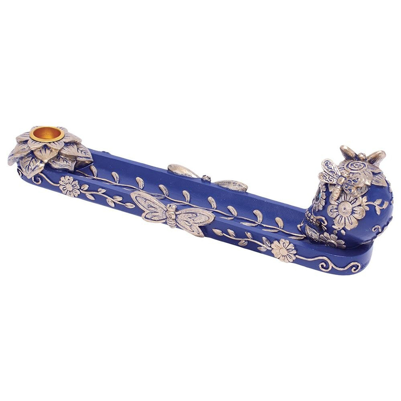 Fujima - 11" Golden Blue Skull & Butterfly Stick & Cone Polyresin Incense Burner